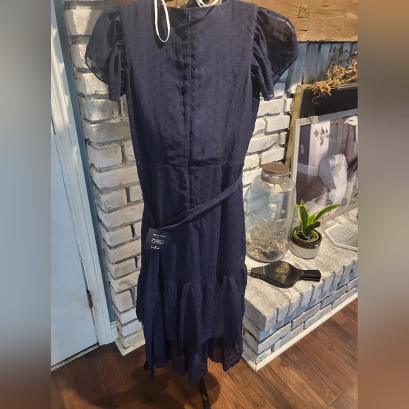 Lulu's Have Harmony Navy Blue Swiss Dot Ruffled Faux Wrap Midi Dress  sz Lrg NWT - Picture 2 of 11